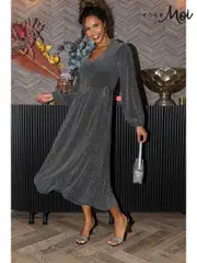 Pour Moi Silver Emily Sparkle V-Neck Tie Waist Midi Dress (AL7756) | $136