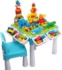 5-in-1 Blue Activity Play Table & Chair Set with 128 Building Blocks for Kids