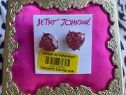 Betsey Johnson Hearts And Arrows Pink Glitter Lucite Heart Gold Stud Earrings