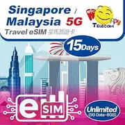 eSim Devices Only | Happy 5G eSim Singapore/Malaysia 15Days Unlimited Data Travel eSim | 8GB of 5G High-Speed Data Then 128kbps | Support iPhone & Android Devices | No Need Registration
