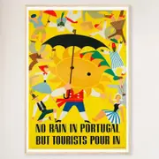 Galrie Charming Vintage Travel Poster of Portugal: No Rain But Tourists Pour In Artwork, Wood Frame, A3 30 x 42cm (12 x 16inch)