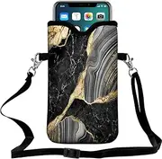 Universal Neoprene Cell Phone Pouch 7.1 X 4 in Mobile Protection Case Bag with Crossbody Strap/Neck Lanyard Black Marble Printed Pattern