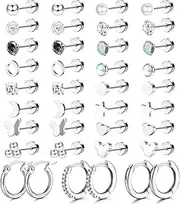 [Kakonia] 19 Pairs Small Earrings Set for Women Girls - Surgical Steel Cartilage Helix Piercing Studs - Hypoallergenic Star Moon Flatback Zirconia Hoop Earrings