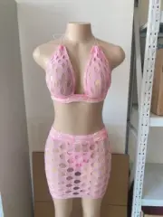 3 Pink Barbie Fish Net Skirt With Top and Thong Stripper Outfit Custom