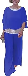 [Ztexkee] Women’s Sequin Suit 2024 Round Neck Sparkling Sequin Pants Suit Bat Sleeve Wide Leg Commuter Full-Length Look