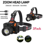 2 Pack 900000LM Headlamp USB Rechargeable LED Head Torch Flashlight Super Bright
