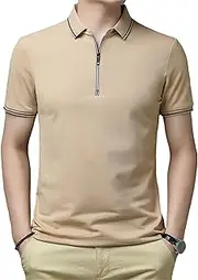 [VgueElegc] Men's Slim Muscle Workout Tee Casual Classic Quarter Zip Shirts Lightweight Short Sleeve Golf Collared Shirt, Khaki, XX-Large