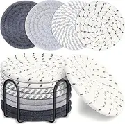 Coasters, 8 Pack Coaster, for Drinks, Beer, Coffee, Cotton Woven Absorbent Coaster with Metal Holder, Coaster Set 4 - Color Cup Coasters, Living Room Decor, Suitable for Family Travel (Multi-Color 2)