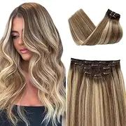 Clip in Hair Extensions Real Human Hair 22 Inch 5 Pieces Highlight Ombre Clip in Hair Extensions Double Weft Ash Brown to Bleach Blonde Balayage Clip on Extensions Human Hair for Women 70g
