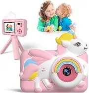 Kids Camera, Children Digital Camera with Tripod, 1080P HD /2 inch Screen/ 32G Card/Music Video Camera with Unicorn Silicone Cover, Toys Camera for Girls Age 3-12 Years Old (Pink)
