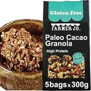 FARMER JO Paleo Cacao Gluten Free Granola - High Protein 23.4g Healthy Chocolate Flavored Breakfast Cereal | Keto Freindly, Dairy Free, Grain Free, High Fibre, Low Sodium - Resealable Bag (5 Bags x 300g)