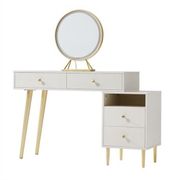 林氏木業時尚輕奢LED附鏡金屬腳可伸縮0.8M化妝桌組JF2C-A 白色+金色