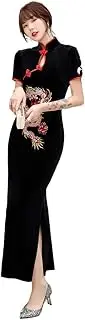 [Generic] Traditional Cheongsam Long Dress Floral Pattern Mandarin Collar Side Split Chinese New Year Party Costume