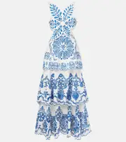 [Farm Rio] Farm Rio Embroidered tiered linen maxi dress AU 6 white