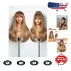 Premium 22 Inch Light Brown Wig with Bangs & Blond Highlights - Comfortable Fit
