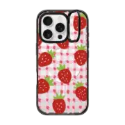 iPhone 16 Pro Impact Ring Stand Case MagSafe Compatible sweet red strawberries with pink check pattern - crayon texture strawberry
