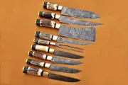 Deer Antler Handmade Damascus Steel Fixed Blade Kitchen Chef Knife Set 9 pics