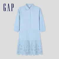 在飛比找momo購物網優惠-【GAP】女裝 純棉翻領長袖洋裝-淺藍色(891083)