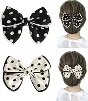 Large Polka Dot Bow Hair Clips - Handmade Grosgrain Ribbon Silky Bow Hair Barrettes Clips French Large Spotted Bowknot Slides Hair Barrettes Accessories for Women Girls (Black&White)