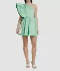 $455 Aje. Women's Green Linen Flutter Sleeve One-Shoulder Bonjour Dress Size 16