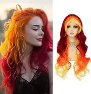 PHOCAS Long Orange Wig Ombre Flame Fire Wig Long Wavy Wig Long Hair Wig 28''for Women Party Use