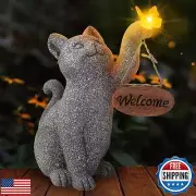 Hahood Solar Cat Garden Statue Outdoor Decor Cat Figurine with Butterfly Clea