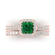 1.60ct Princess Cut Halo Emerald Ring Band bridal Set 14k Rose Solid Gold