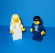 NEW LEGO WEDDING BLONDE HAIR BRIDE AND BLACK HAIR GROOM MINIFIGS, DARK BLUE TUX