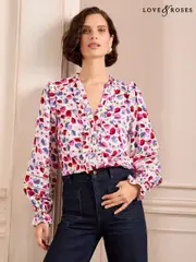 Love & Roses Ivory Floral Poppy Printed Trim Detail Notch Neck Long Sleeve Blouse (AD6976) | $92