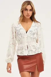 Beige Peplum Top Long Sleeve V-Neck - Size XS, Women's Cami
