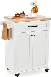 Giantex Kitchen Island Cart, Rolling Cart on Wheels with Large Drawer & 2-Door Cabinet, Rubber Wood Top, Adjustable Shelf, Towel Rack, Lockable Island Table for Dining Room