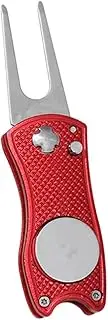 Metal Foldable Golf Divot Repair Tool with Pop-up Button & Magnetic Ball Marker Red