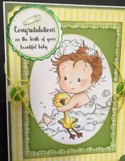 New Baby - UNISEX - Whimsy baby with stork- Handmade card - BY DEE-