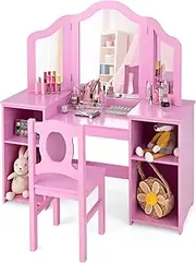 Honey Joy 2-in-1 Kids Vanity Set, Pink, Contemporary Style, Makeup Vanity with Tri-Fold Mirror & Matching Chair, 106 cm x 41 cm x 117 cm