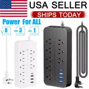 US Power Strip Surge Protector 8 AC Outlets 3 USB Ports Type C Port w/ 4FT Cable