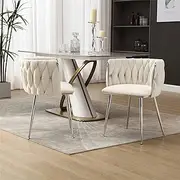 Hand Woven Boucle Fabric Dining Chairs Set of 2 MAccent Chairs with Armrest and Silver Metal Legs Thick Foam Cushioned Upholstered Kitchen Side Chairs with Adjustable Foot Pads Ivory