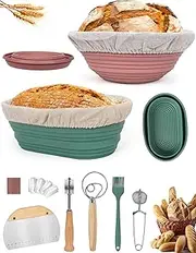 [QUIENKITCH] Silicone Bread Proofing Basket Set, Foldable Proofing Bowls for Sourdough Bread, 9 Inch Round & 10 Inch Oval Banneton Brotform Basket Kit