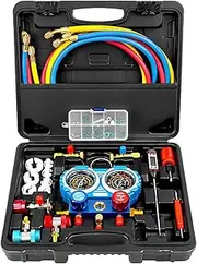 AC Gauge Set AC Manifold Gauge Set for R134a R12 R502 Refrigerant 3 Way Car with 5FT Hoses Couplers& Adapter Puncturing& Self Sealing Can Charge Kit
