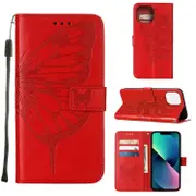 For iPhone 14 Plus Case, Embossed Floral Butterfly, PU Leather Wallet Cover, Lanyard, Stand, Red