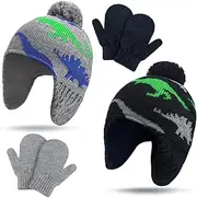 [SATINIOR] 4 PCS Baby Boy Toddler Dinosaur Hat and Glove Set Boys Winter Beanie Kids Gloves Earflap Fleece Skiing Caps with Warm Ear Flap (Grey, Navy Blue, Green, Blue), Navy, Medium