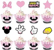 Minnie Cupcake Toppers and Wrappers for Kids Birthday Theme Baby Shower Party Cake Decoration and Liners Party Supplies 32 Toppers 32 Wrappers