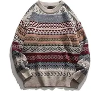 [TANMKA] Autumn Winter Vintage Striped Sweater Men Clothes Pullover Men Sweater Jumper Men's Sweater Knit, Red, Medium