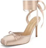 [Z.Oufeier] Women's Satin Ballet Heels Ballerina Bow Closed Square Toe Strappy Stiletto High Slingback Lace Up Ankle Strap Wrap Around Spiral Mary Janes Pumps Dress Shoes