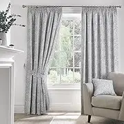 Dreams & Drapes Grey Jacobean Curtains W66 x L90 (168 x 229cm) - 2 Panels - 100% Cotton - 2 Tie Backs - Floral Pencil Pleat Drapes - Vintage Light Grey