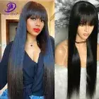 100% Human Hair Wig With Bangs Black Women Brazilian 38 40 Inch Long FringeWig