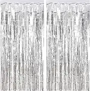 Metallic Tinsel Curtains Silver 2 Packs 3 ft x 8.2 ft Foil Fringe Curtains for Photo Backdrop Door Wall Hanging Party Offiice Decoration (Silver)
