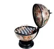 Chess Board Set w/ Pieces Hidden in Table Top Nautical Old World Wood 13" Globe