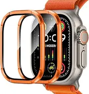 Amizee 2 Pack Metal Case Compatible with Apple Watch Ultra/Ultra 2 Screen Protector Case 49mm with Tempered Glass, Metal Frame Built in HD Glass Protective Cover for iWatch 49mm (C-Orange)