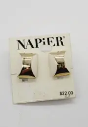 Napier Clip on Screw Back Earrings Gold Tone Off White Enamel Vintage .75 in