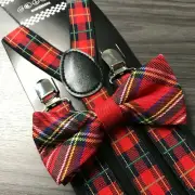 "RED PLAID" Matching Suspender & Bow-Tie Set for Adults Men Women Teen